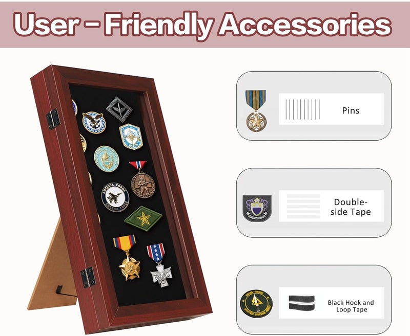 VERANI 8.5 x15 Pin Display Case with Real Glass Door Frame Bracket for Military Medals, Beach Tags, Jewelry Pins, Pin Gift, Insignia Ribbons, Pin Enthusiast Collectibles, Mahogany - Image 3